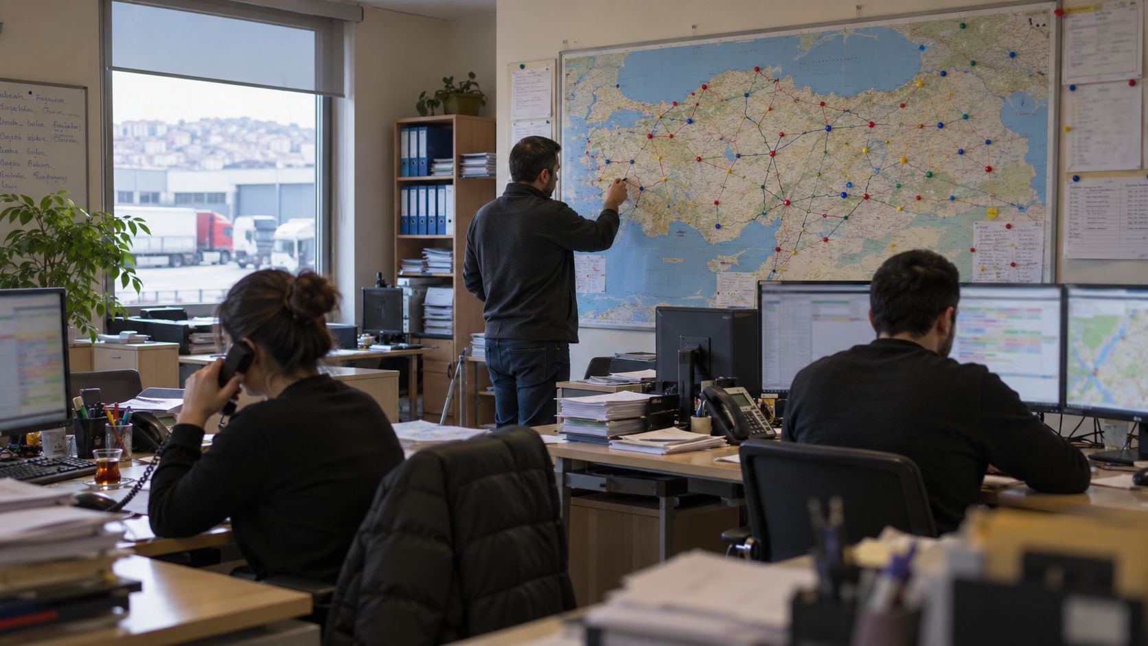 Distributor operations office in Türkiye with a wall map of Turkish regions and staff planning delivery routes.