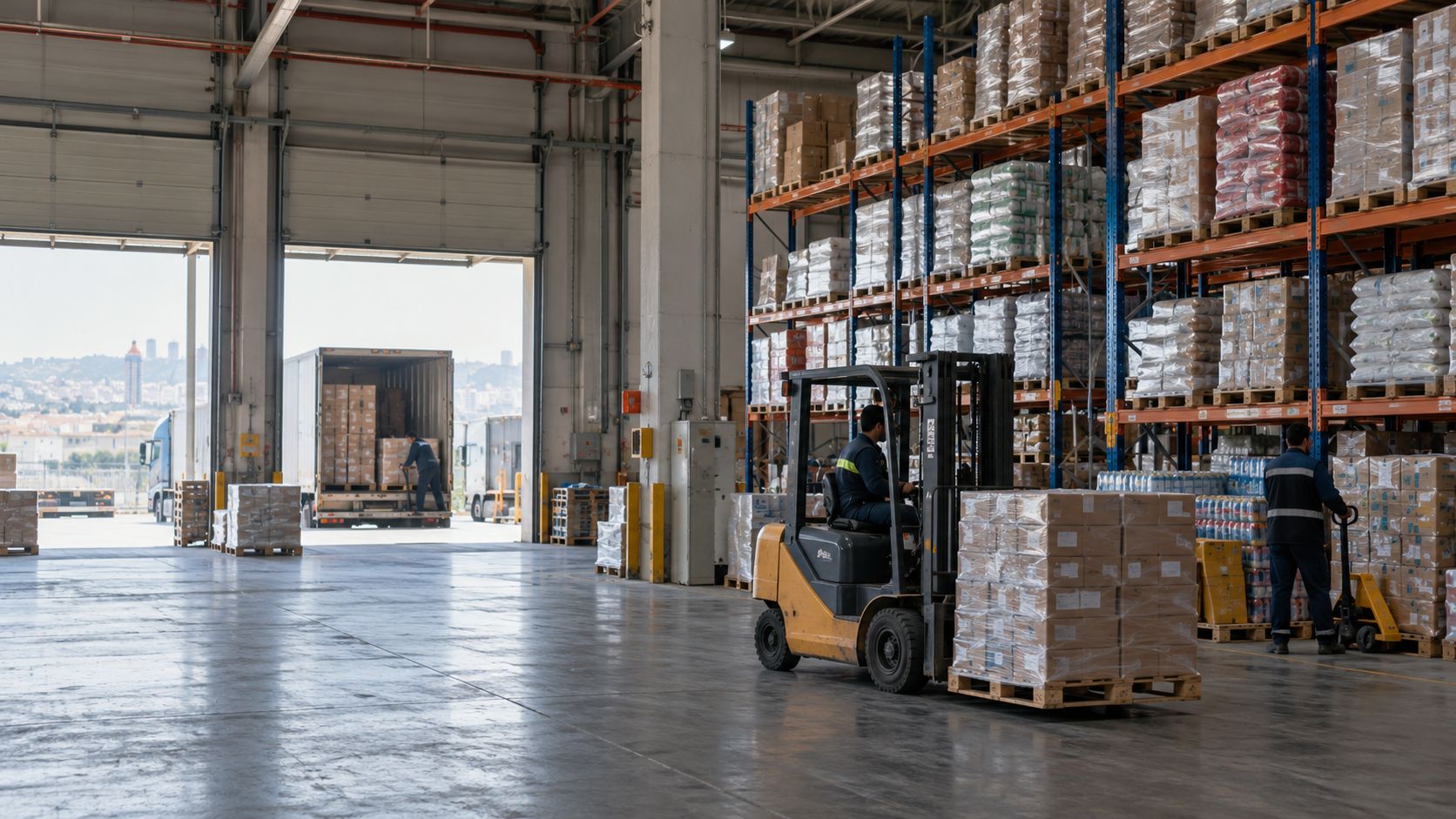 FMCG distribution warehouse in Türkiye with racked palletised goods, a forklift moving a pallet and a truck loading at an open bay.